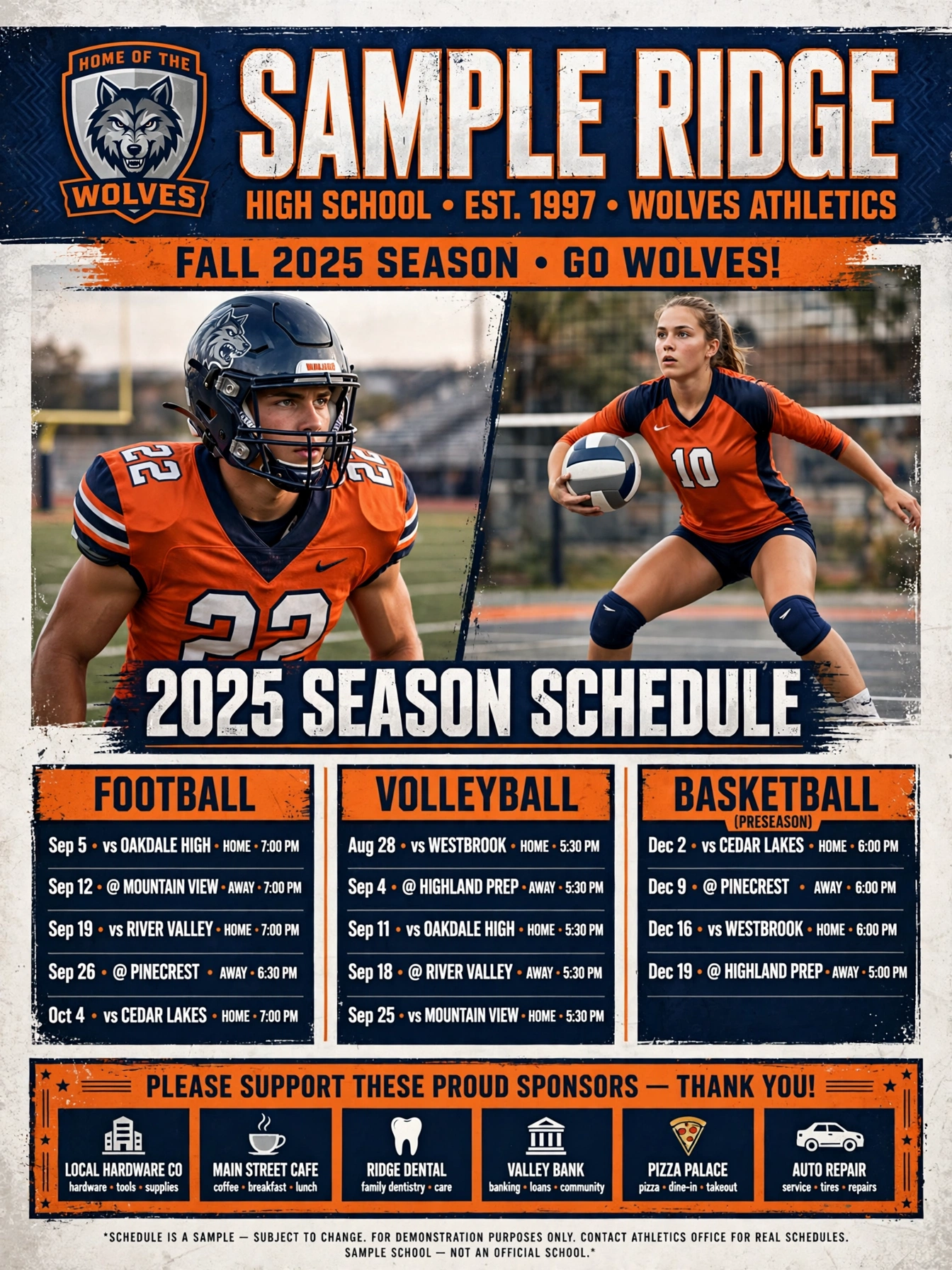 Original sample-school sports poster concept with large player imagery and schedule columns