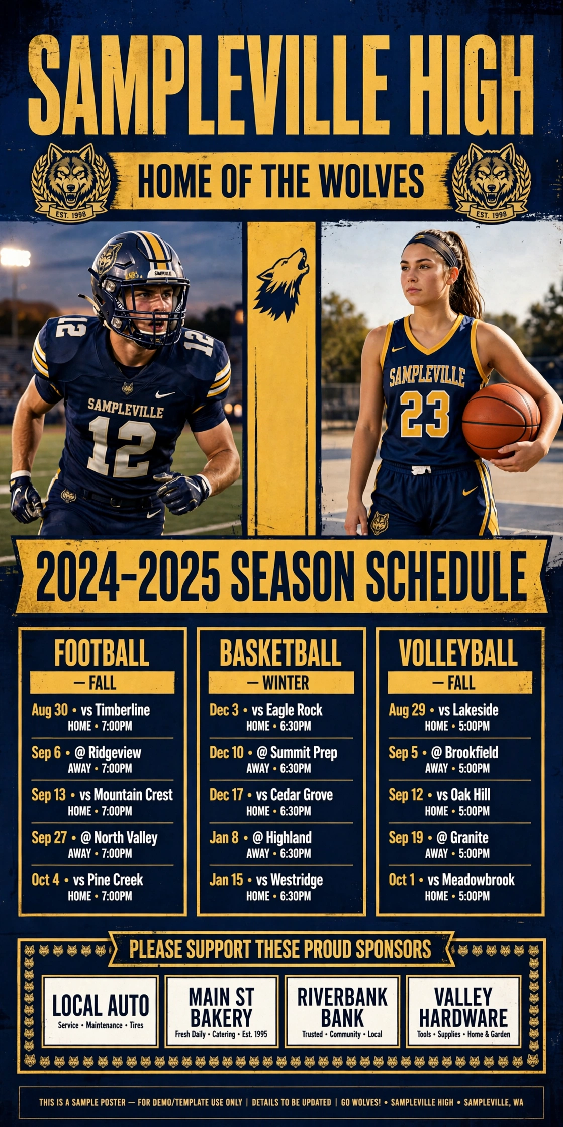Original sample-school poster concept with a mascot crest and sponsor wall